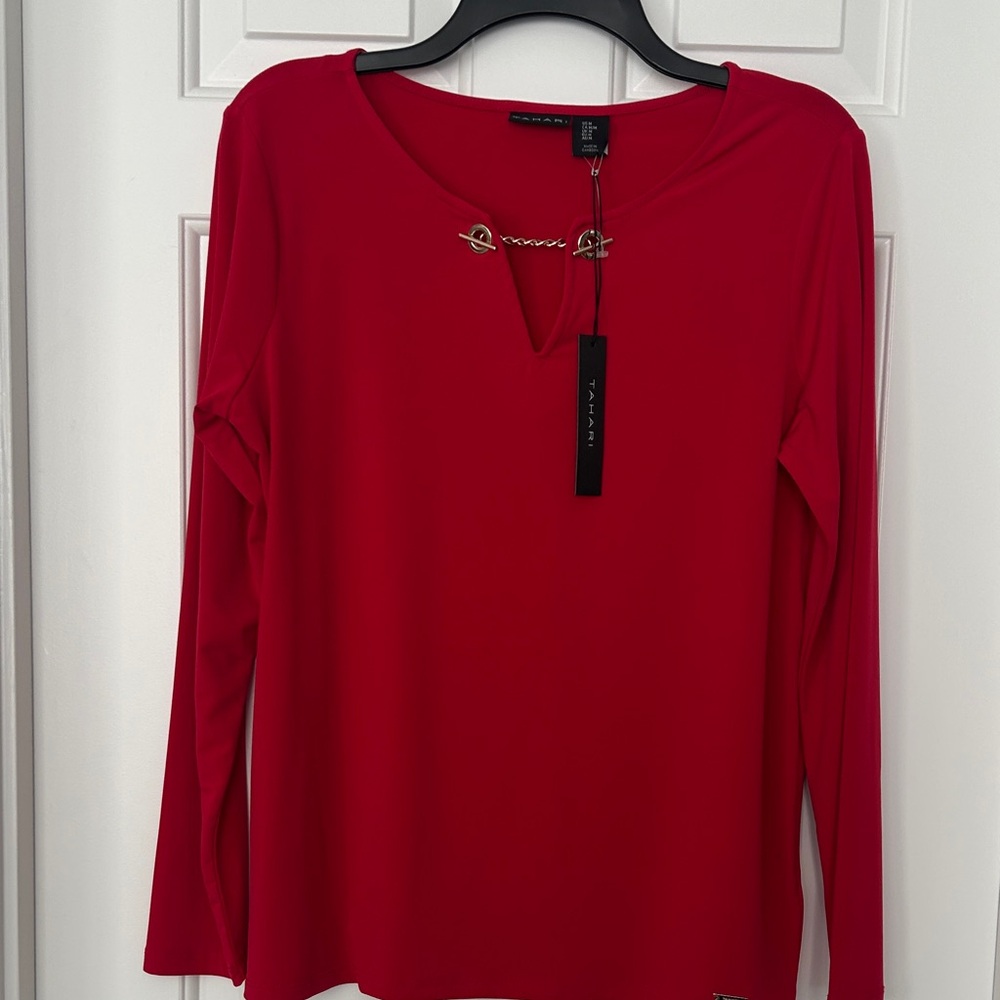 Tahari Red Long Sleeve Blouse